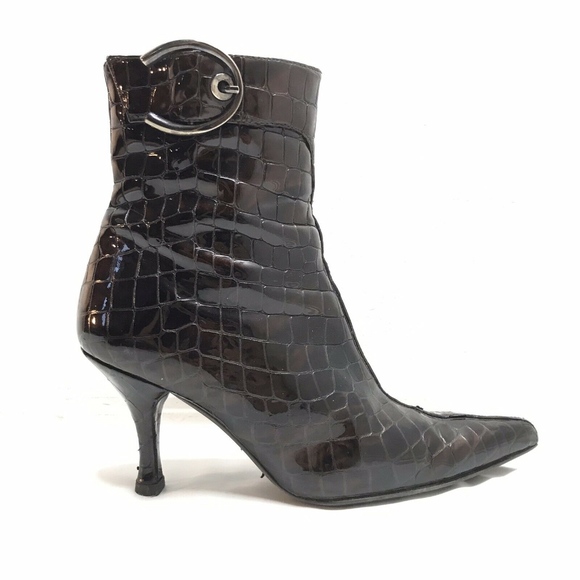 Stuart Weitzman Brown Patent Croc Booties Boots - Picture 5 of 8